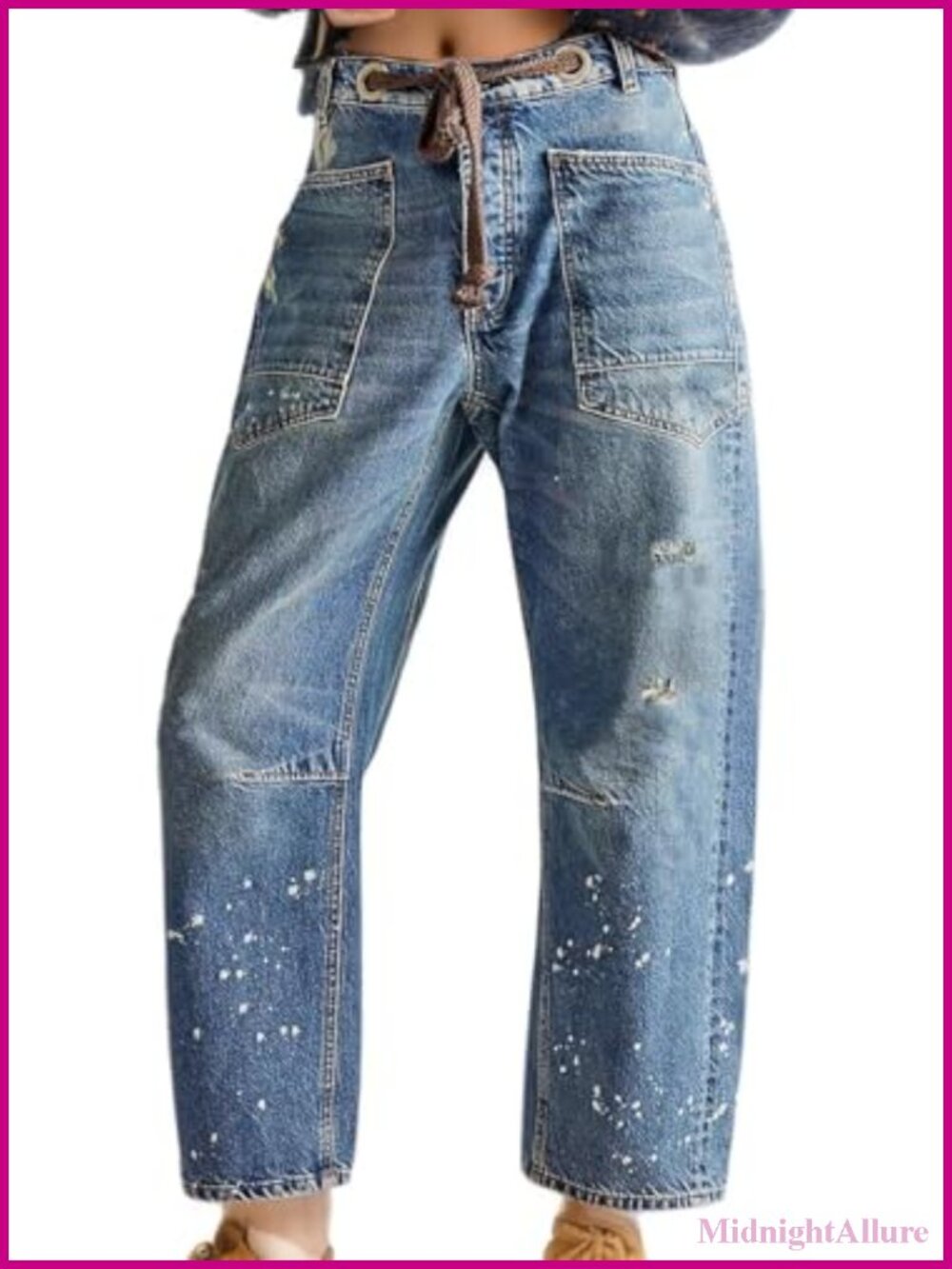 Women's Barrel Leg Pull-On Jeans Mid-Low Rise Drawstring Stretchy Denim Pants